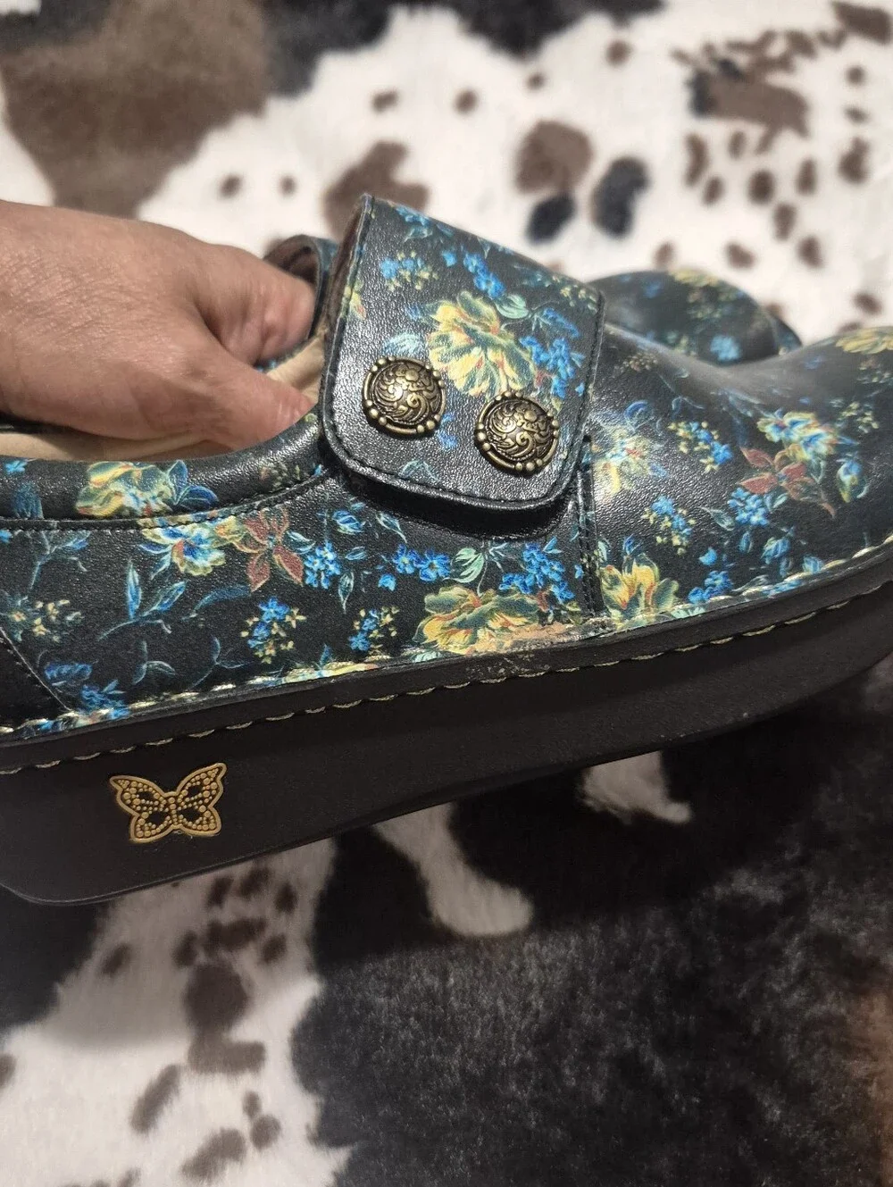 Alegria Black Floral Slip-On Loafers with Yellow & Blue Accents Shoes..Size:38